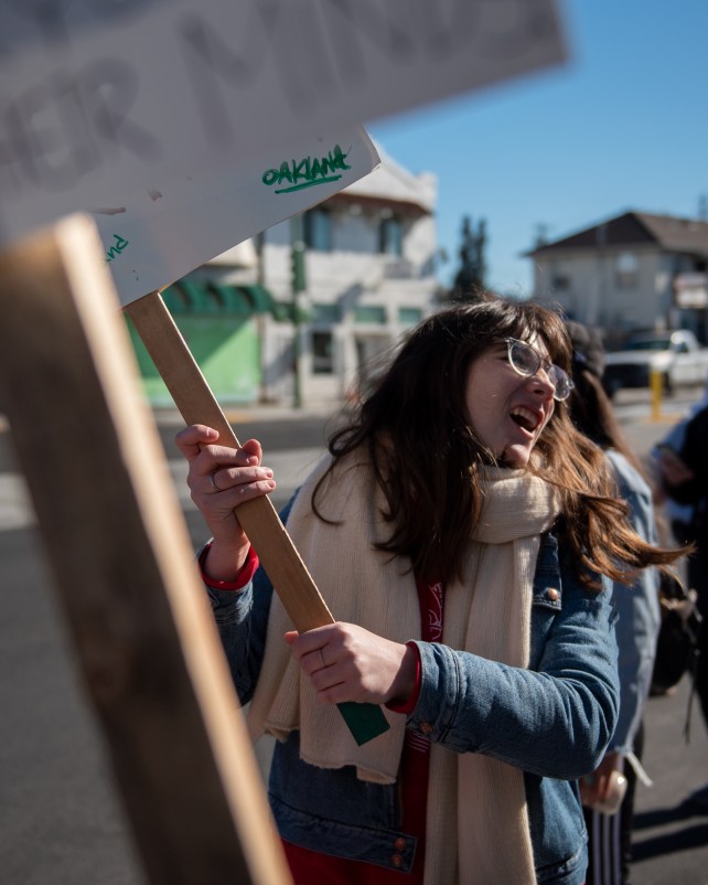 Kindergarten teacher Grace Allen joins supporters on a picket line outside Lockwood Elementary School in Oakland, Calif., on February 21, 2019.