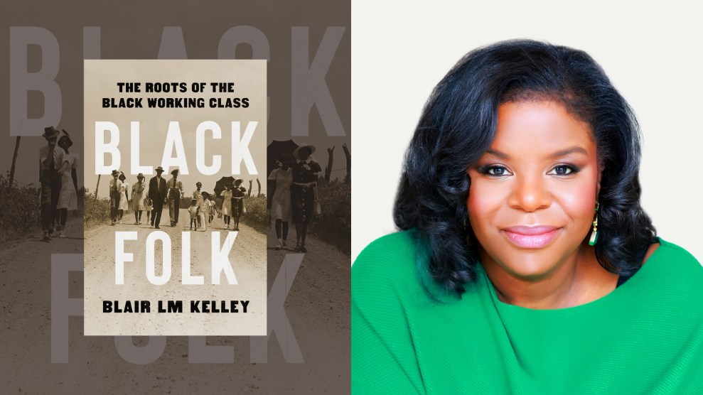 A split photo pairing that features the book cover "Black Folk" on the left, and the author, Blair L.M. Kelley, on the right.