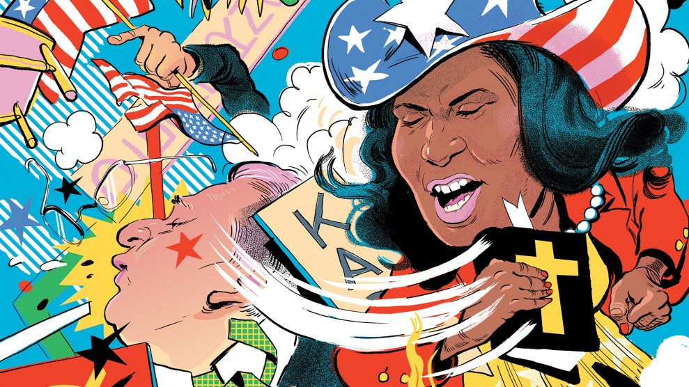 An illustration of several members of the Michigan GOP in a dramatized brawl. A Black woman meant to be Karamo is the central figure using a bible as her weapon in the fight. An orange-faced Trump appears in the corner. There are several American flags and crosses.