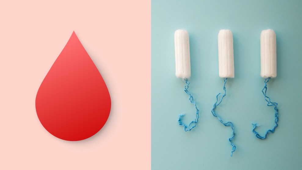 An image divided evenly that has a symbol of a red drop of blood on the left against a pink background and three tampons against a blue background on the right.