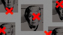 There is a centered photo of former President Donald J. Trump in the center of the illustration, that is toned to black and gray and sits on a gray background. The same photo is repeated four times—two to the left of the center image and two to the right. There are five red 'X' marks, and one is overlaid on each of the five Donald Trump images.