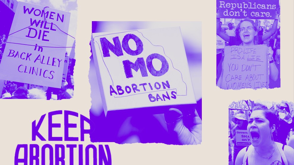 A collage of four photos from pro-abortion protests. One photo has a clothes hanger hanging from a sign that reads, 'Women will die in back alley clinics.' The photo at the center reads, 'No mo abortion bans' within an outline of the state of Missouri.' A photo on the far right has two women holding signs. One sign reads, 'Republicans don't care.' And, the other sign reads, 'Pro-life is a lie. You don't care about women's lives. And, the bottom right photo features.