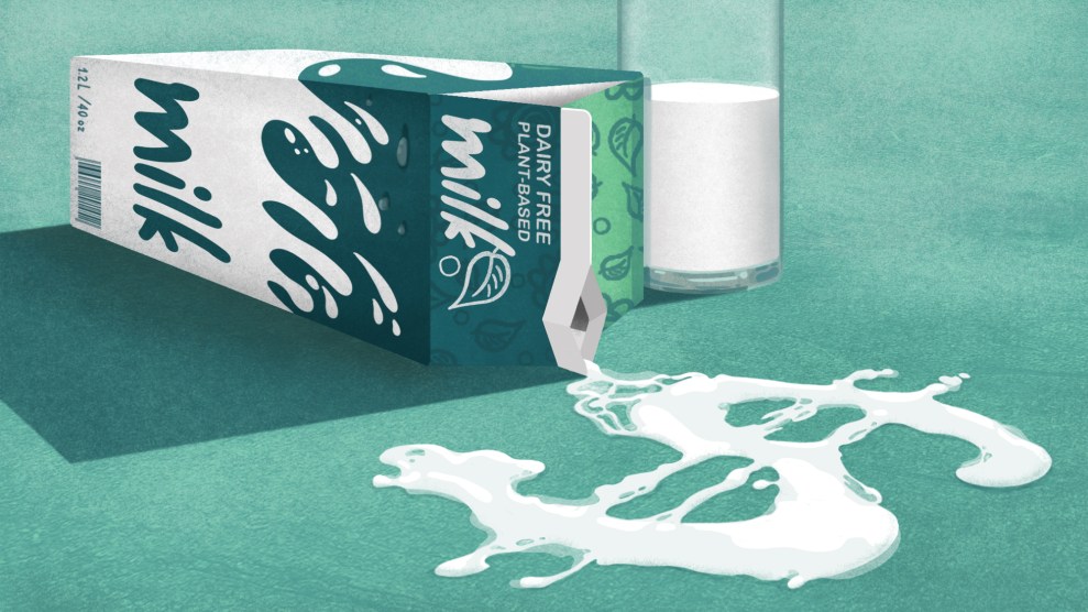 Illustration of a dairy free milk, which is spilled over, with the milk making a dollar sign