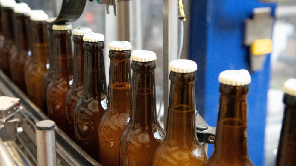 Brown beer bottles with white caps sit in line on an industry belt.