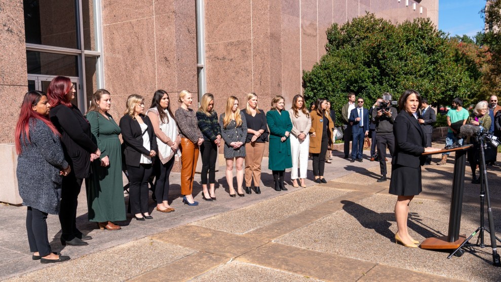 Plaintiffs and their representation stand in front of the Texas Supreme Court. They are suing the state for denying them reproductive medical care.