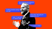 Image is of a man in a suit, Brad Parscale isolated on a red background. He is surrounded by blue text messages.