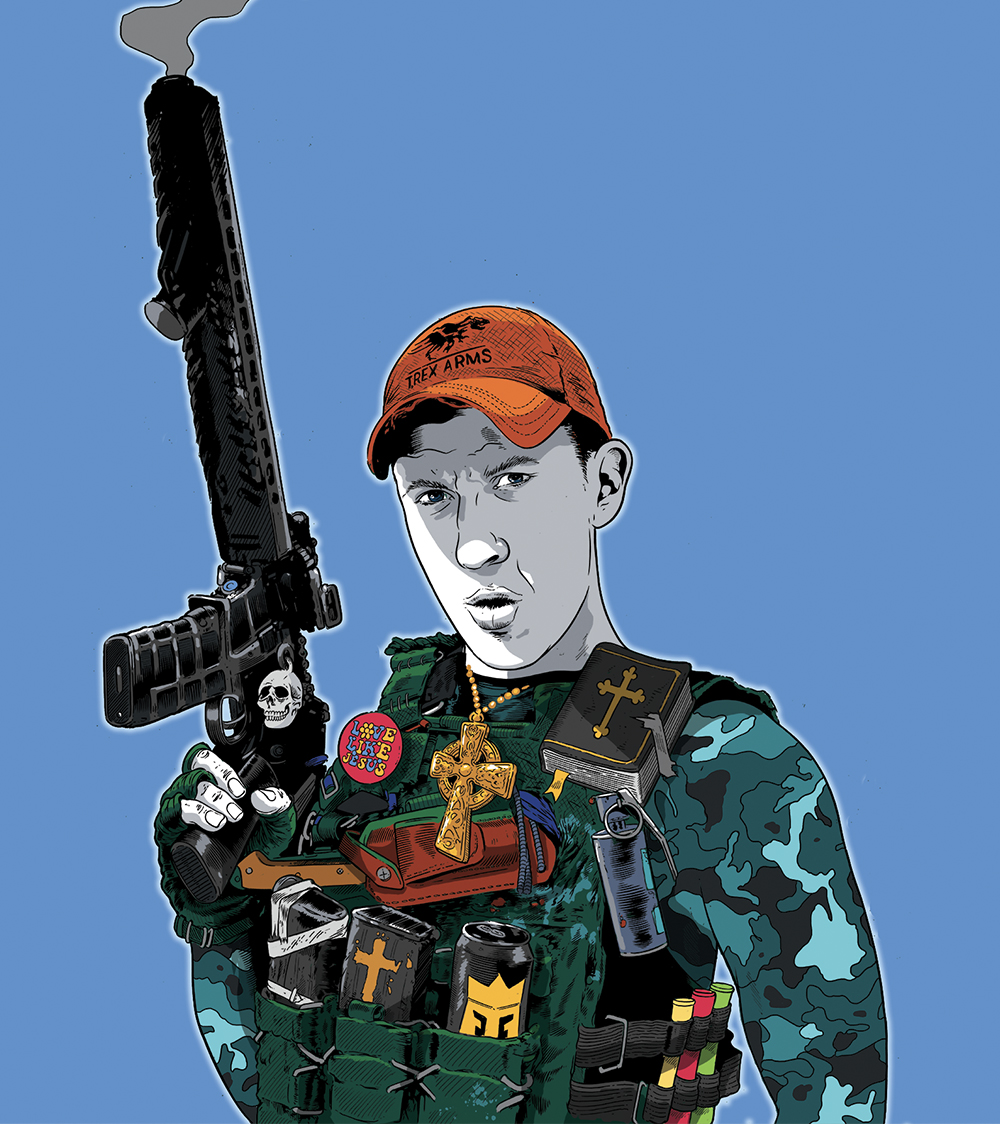 An illustration of a white man holding a machine gun