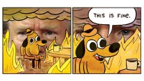 A photo illustration with Donald Trump in the background of a cartoon of a dog sitting in a burning room, smiling, saying "This is fine."