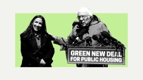A colorized photoillustration of AOC and Bernie Sanders standing near a podium that says "Green New Deal for Public Housing." Sanders hand touches AOC's shoulder