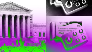 A photoillustration of with the Supreme Court building on the left and mifepristone on the right. The photos have a color pink and green treatment.