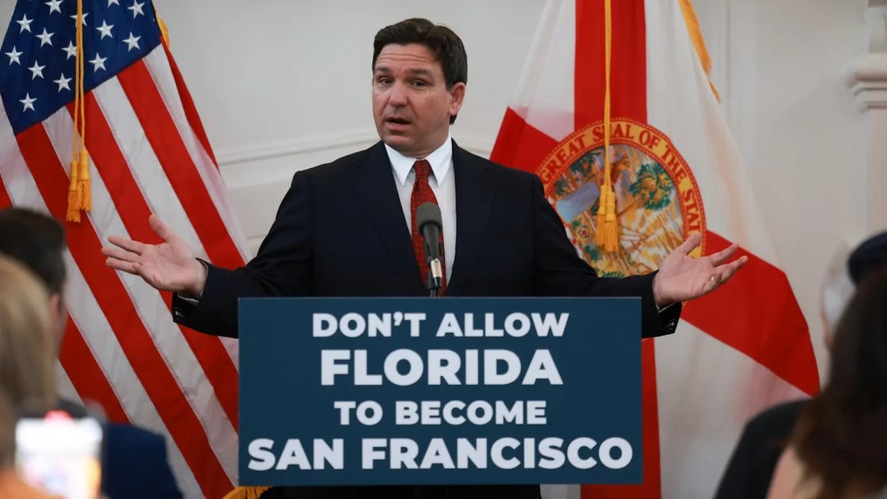 Ron DeSantis behind a podium that says "Don't Allow Florida To Become San Francisco."
