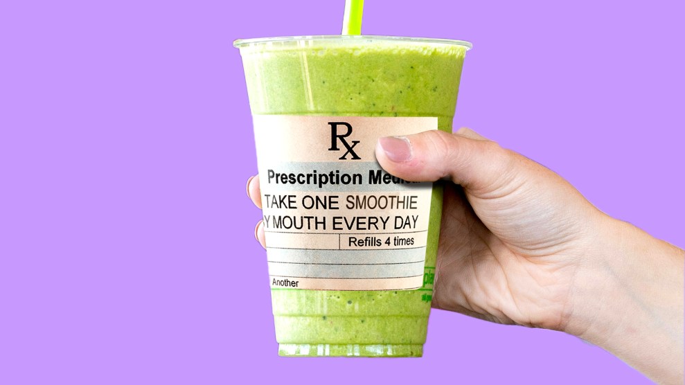 A collage of someone holding a green smoothie that says, "Rex prescription needed. Drink one smoothie every day"