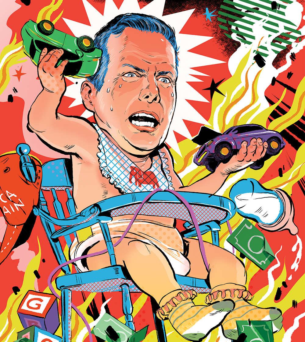 Illustration of Bernie Moreno depicted as an angry infant in a high chair, throwing toy cars in the middle of a temper tantrum.