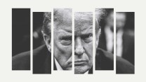 A black-and-white portrait of Donald Trump as he sits in court. The horizontal photo is cut into six pieces, and the negative spaces in between the slices convey that Trump is behind bars.