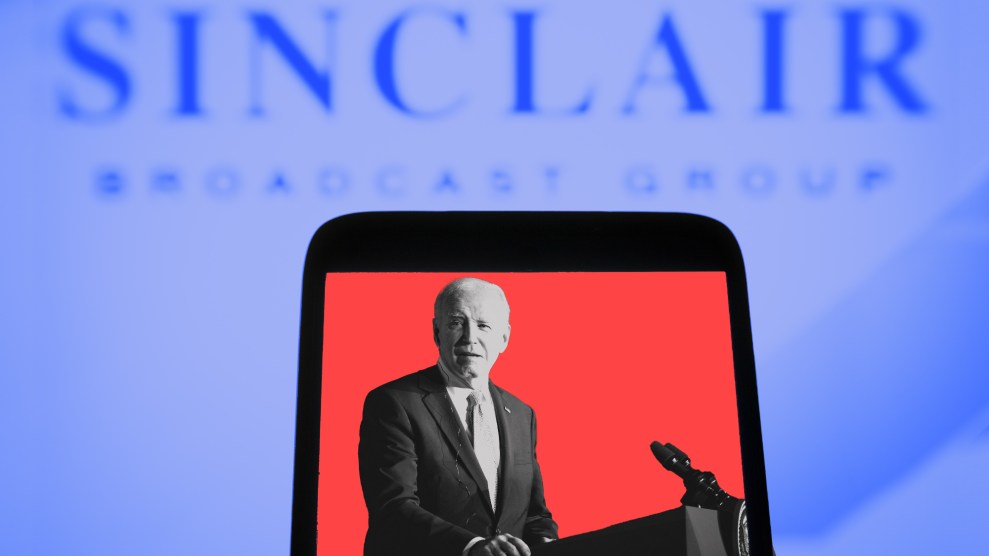 A collage illustration of President Joe Biden looking somewhat puzzled on an electronic device at the Sinclair company.