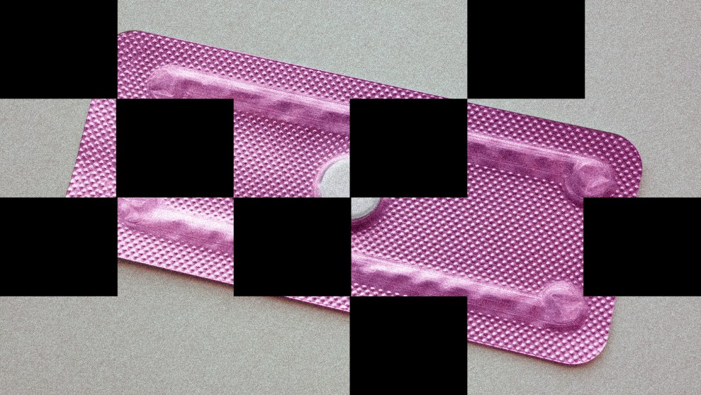 A rectangular blister pack of emergency contraception with a single pill. The image is partially obscured by black squares, creating a fragmented, puzzle-like effect.