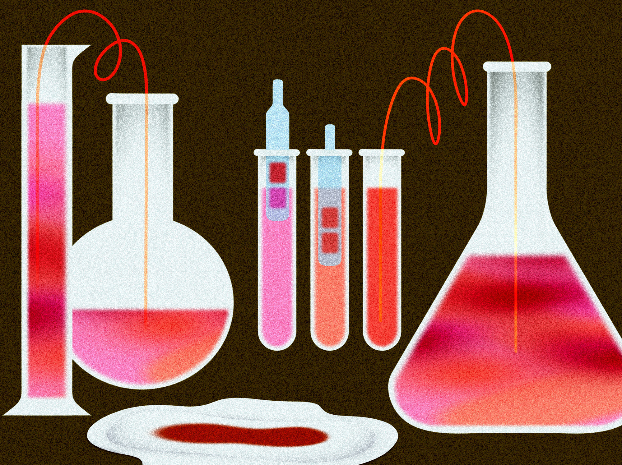 An illustration features test tubes of various shapes hold red and pink liquids. A pad in the foreground has a red patch.