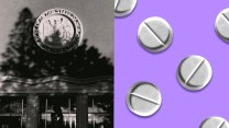 Split image featuring New Mexico Supreme Courthouse on the left and mifepristone pills on the right, on a purple background.