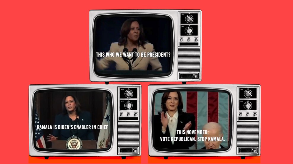 A stack of three 1970s-era televisions with manual dials. On them are three video screengrabs from a Republican-affiliated account on X featuring Vice President Kamala Harris. The screengrab at the top reads "This is who we want to be president?" The screengrab on the lower left reads "Kamala is Biden's enabler in chief." And the screengrab on the bottom right reads "This November: Vote Republican. Stop Kamala."