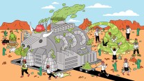 Illustration of a factory in the desert. It shaped like a bull , wearing a red Make America Great Again. The factory is producing a mountain of green poop, and Trump supporters wearing MAGA hats are playing in, distributing out, and cheering on the poo.