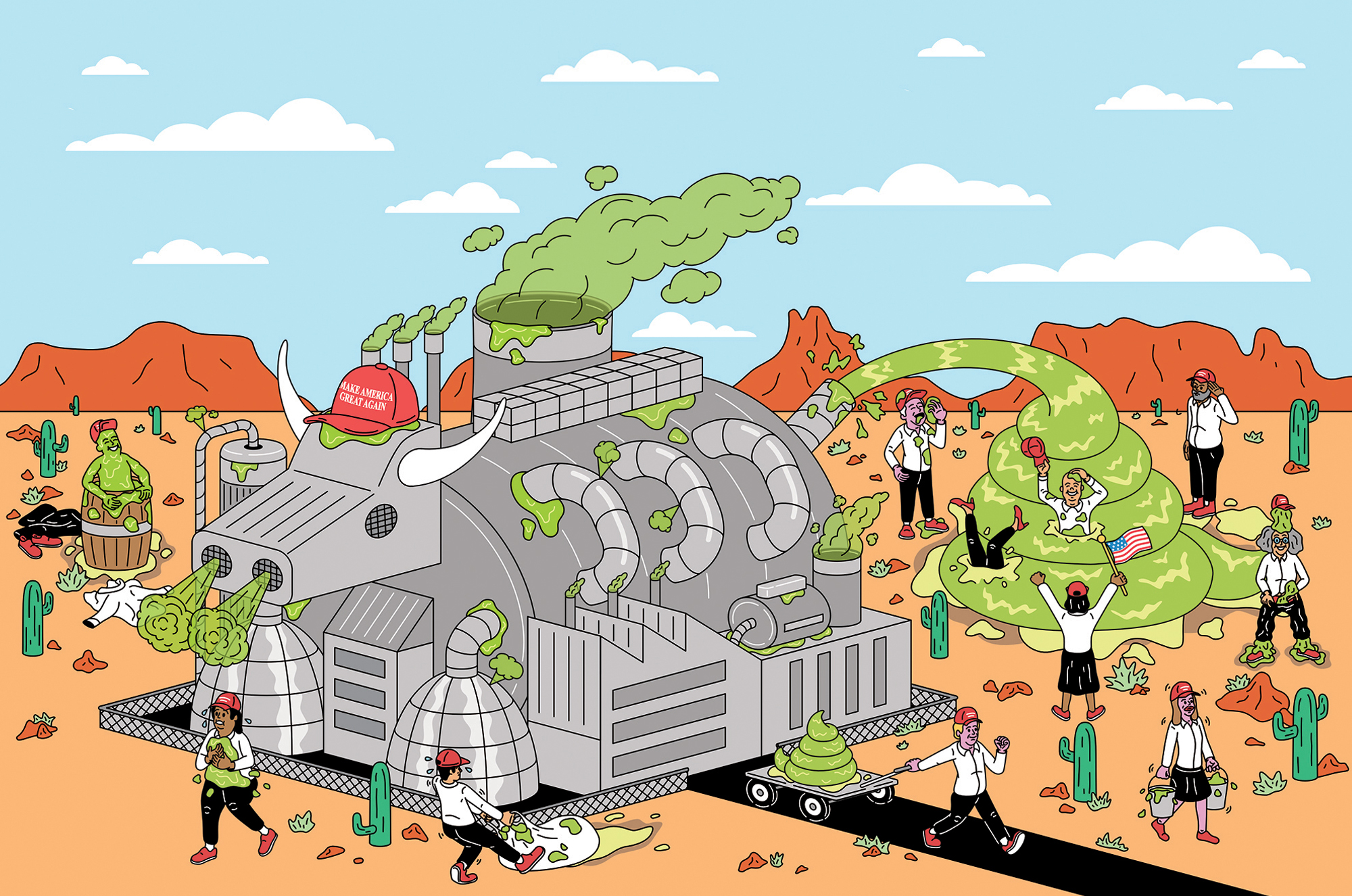 Illustration of a factory in the desert. It's shaped like a bull, wearing a red baseball cap that reads: Make America Great Again. The factory is producing a mountain of green poop, and Trump supporters wearing MAGA hats are playing in, distributing out, and cheering on the poo.