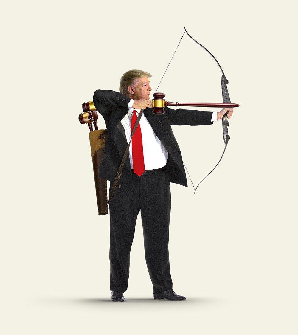 Donald Trump, dressed in a suit with a red tie, is depicted drawing a bow and aiming an arrow. Instead of a regular arrow, he holds a judge's gavel. He carries a quiver on his back, also filled with gavels.