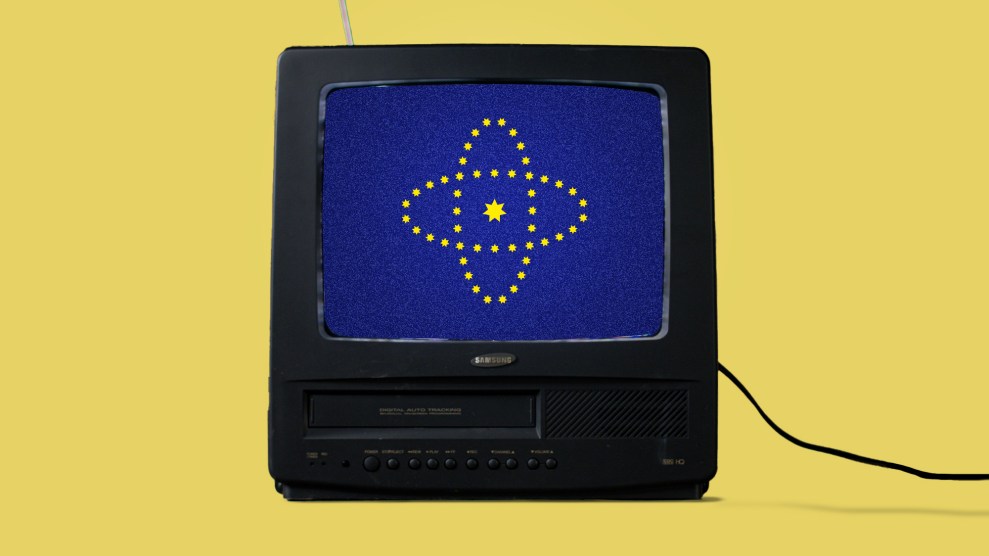 An older model television sits on a yellow background. On the screen is New Federal State of China flag.