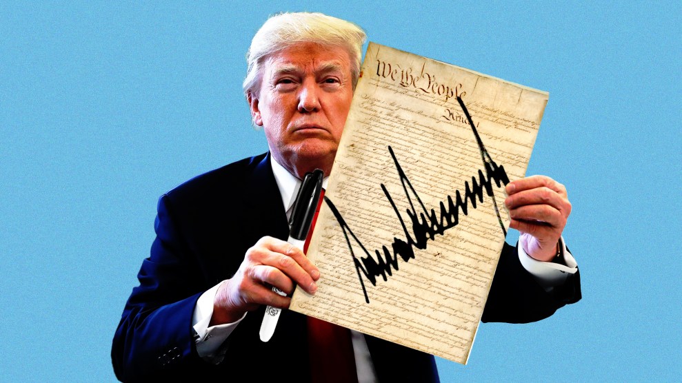 Donald Trump holds up the Constitution of the United States with his signature scribbled over it.