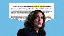 A photo pairing of Kamala Harris against a portion of the letter that reads at the top 'Bush, McCain, and Romney Alumni for Harris Statement'