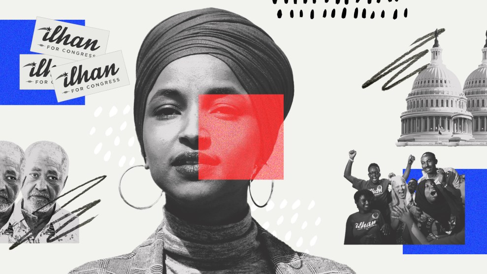 A collage that centers a black and white image of Ilhan Omar looking ahead with chin up. To her left are duplicated images of her opponent, Don Samuels and several campaign signs that read "Ilhan for Congress." To her right are duplicated images of the US Capitol dome and an image of her supporters cheering one of her previous election-night wins.