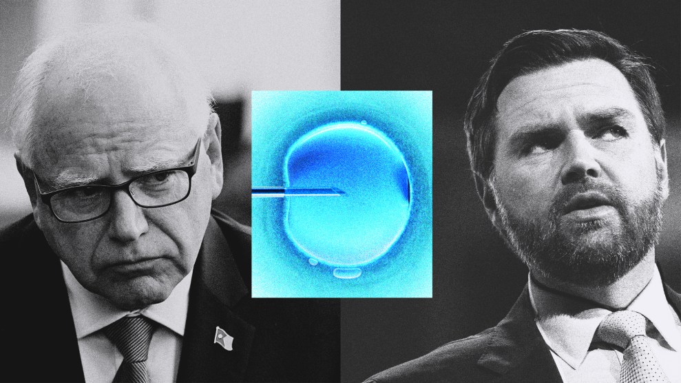 A triptych photo pairing featuring Tim Walz, left, and JD Vance on the right with an image of an in vitro experiment pictured at the center.