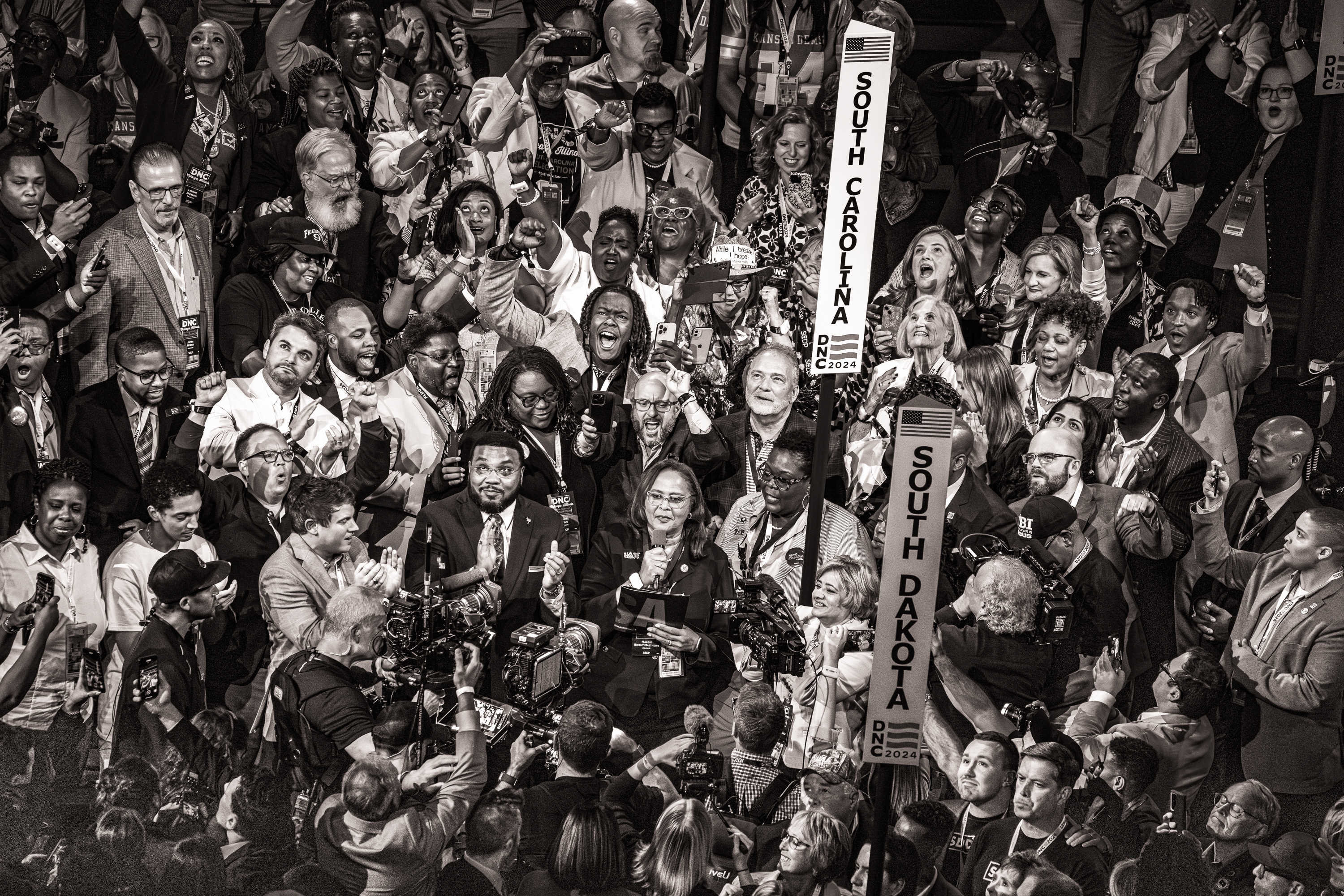 Black and white photo of the South Carolina delegation at the DNC.