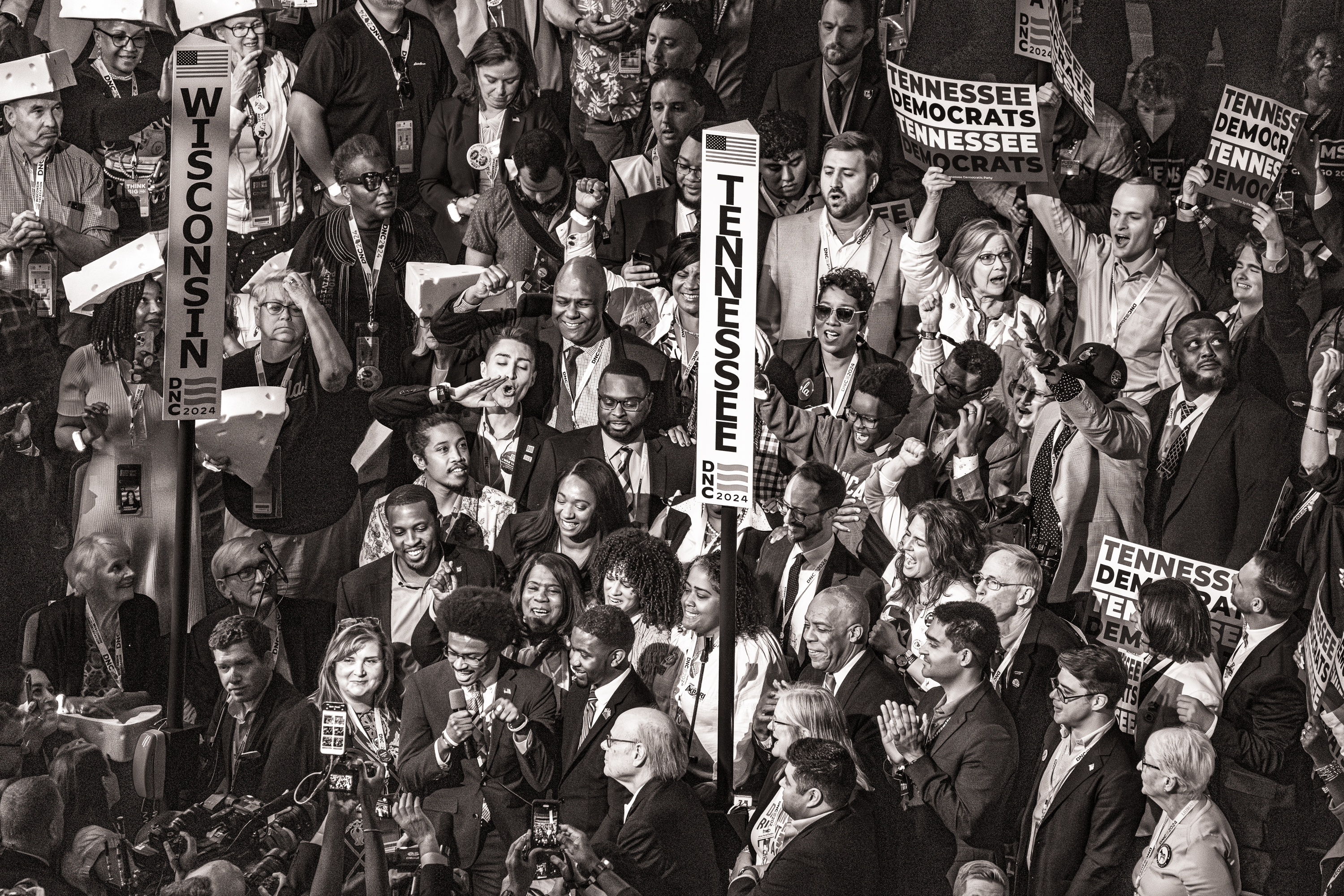 Black and white photo of the Tennessee delegation during roll call at the DNC.