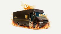 A photo illustration of a UPS box truck on fire.