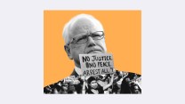 A collage that centers Tim Walz with protesters inset within his silhouette.