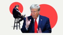 A collage of Theo Von sitting on a stool holding a microphone. Across from him, Donald Trump gesticulates with his hands.