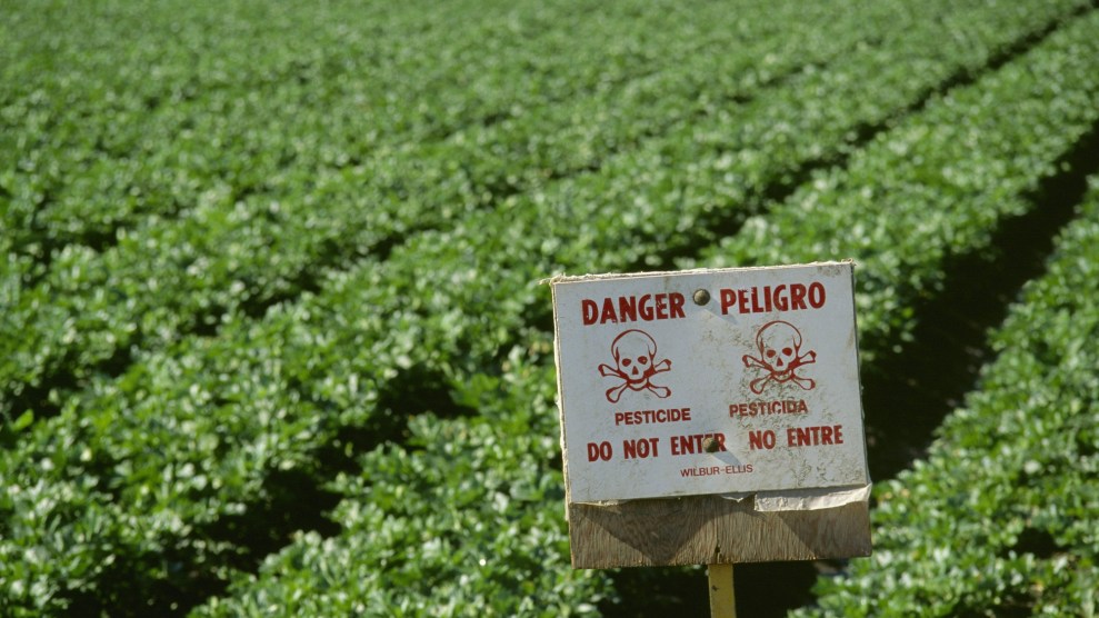 A sign reads DANGER PESTICIDE DO NOT ENTER on a celery field in California.