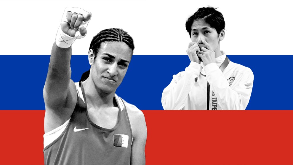 Boxers Imane Khelif of Algeria and Lin Yu Ting of Taiwan overlaid on the Russian flag