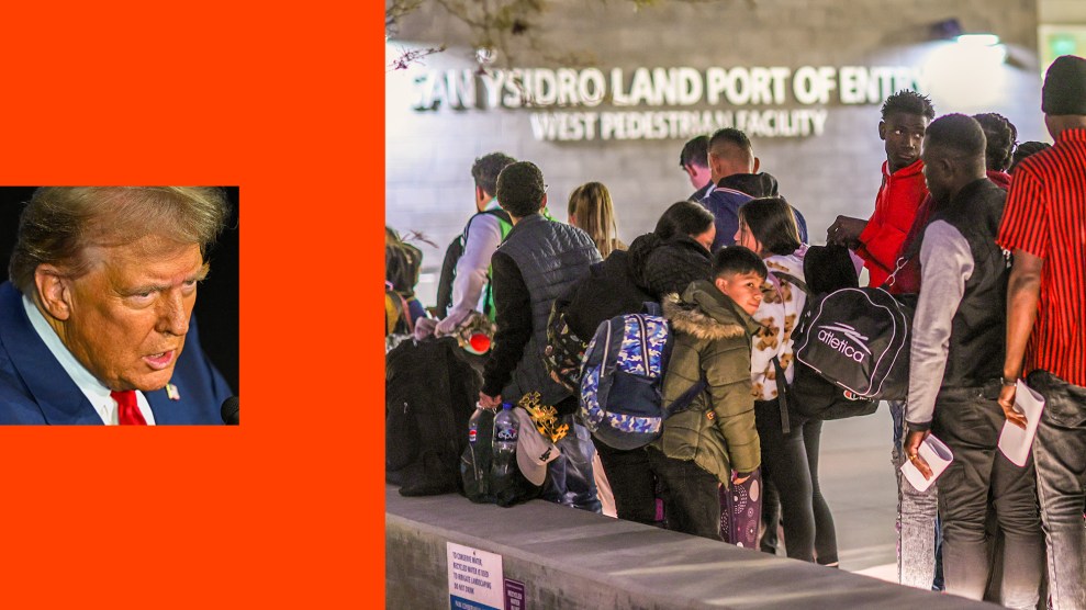 A composite image with Donald Trump's face on the left and a line of people standing at the San Ysidro border on the right.