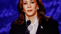 An image of Kamala Harris on a TV screen