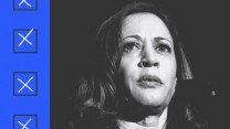 Black and white photo collage of Kamala Harris at a campaign rally on the right, and a row of X'ed out boxes on the left.