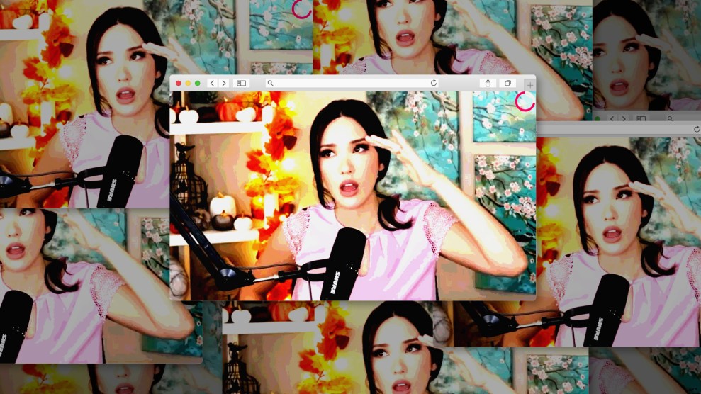 An image of Lauren Chen in an internet window browser. She sits in a colorful studio behind a microphone with her left hand to her forehead. The image in the browser is multiplied numerous times.