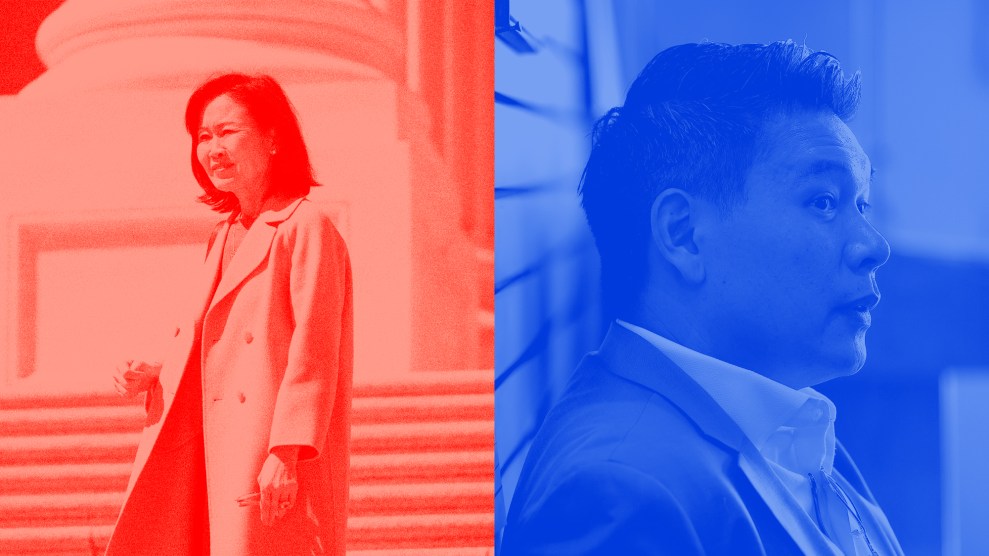 A diptych of two stylized photos: on the left is a red-tinted image of a woman with a long coat walking with steps in the background, on the right is a blue-tinted close-up image of a man wearing a suit.