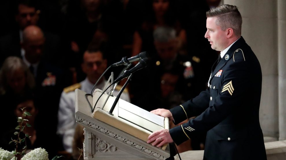 Jimmy McCain, the son of the late Senator John McCain, speaks in military uniform at the podium of the 2018 memorial service for his father.