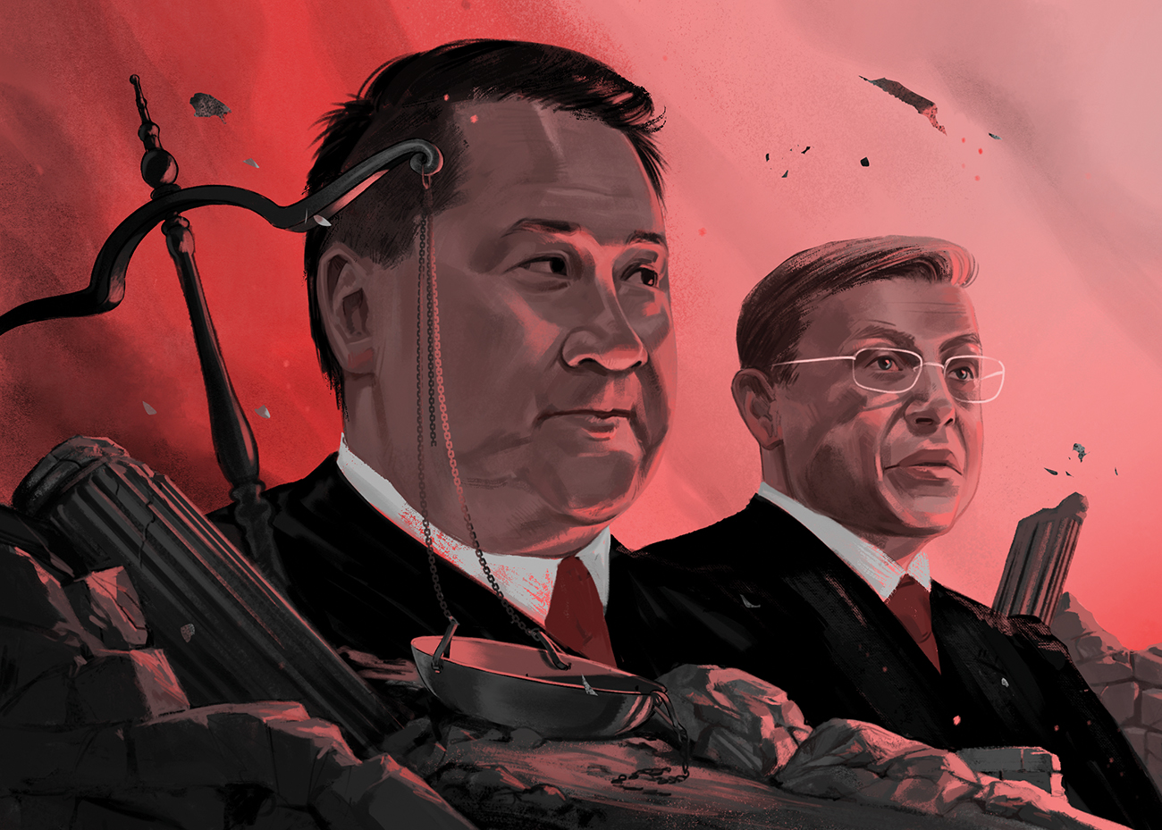 Illustration of US circuit judges James Ho and Andrew Oldham in their judicial robes. They are surrounded by the rubble of a courthouse, with broken pillars, and destroyed scales of justice. 