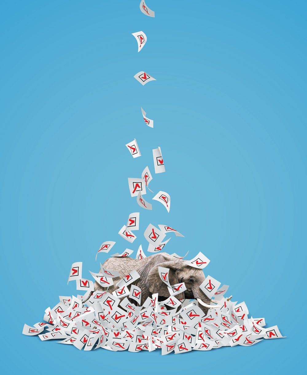 A photo realistic illustration of an elephant, representing the Republican Party, standing in a pile of ballots that are raining down from above. The elephant is nearly completely covered in ballots.