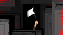 Illustration of a raised arm waving a white flag from behind layers of dark web pages. The flag is meant to symbolize a call for a truce.