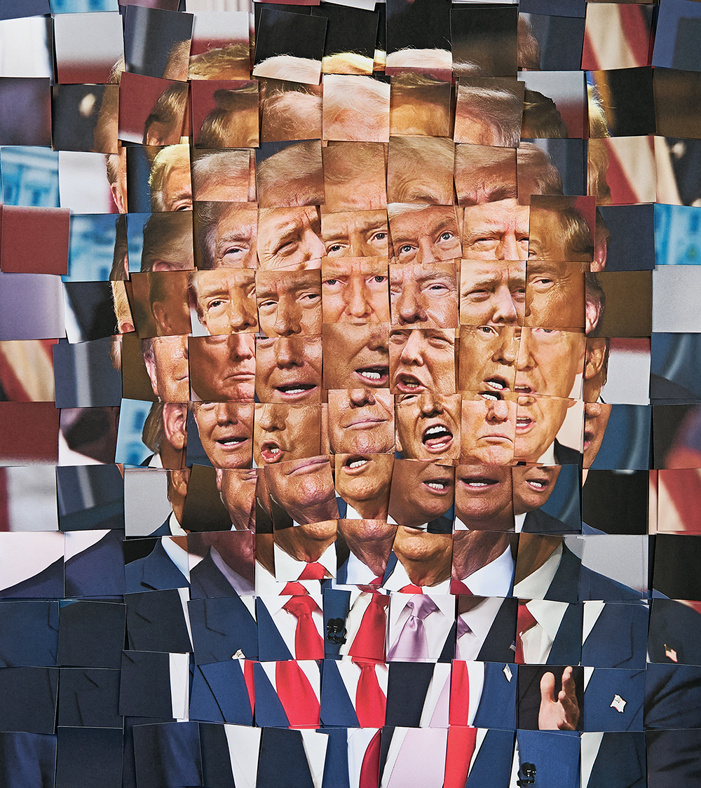 Collaged portrait of Donald Trump, composed of ten different photographs of the former president, which are repeated to create a disorienting, distorted effect.