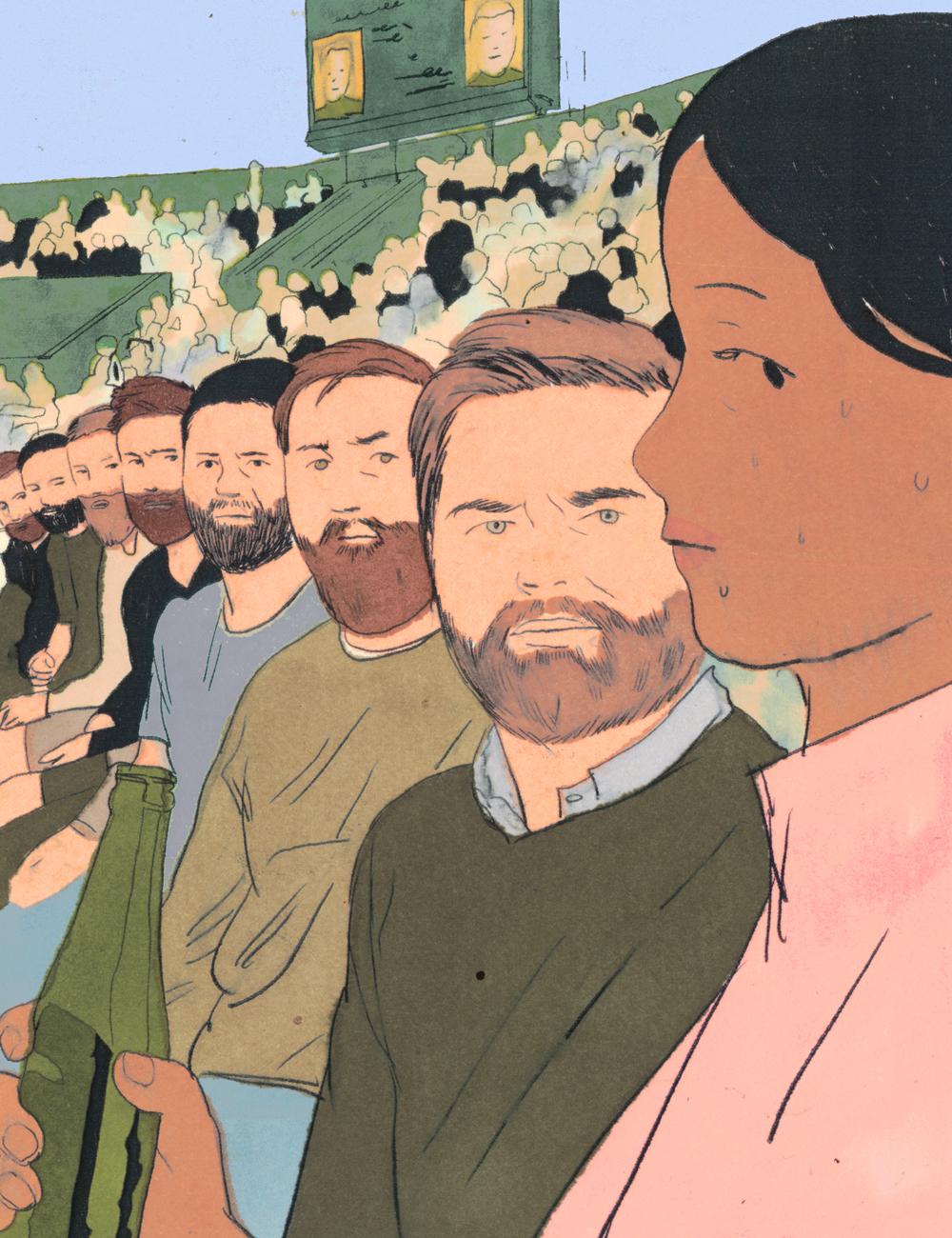 An illustration of a crowd at a stadium, with a long row of men in the foreground who appear almost identical, all sporting beards and casual clothing. They are all looking toward a woman sitting at the end of the row, who appears to be sweating and looking uncomfortable.