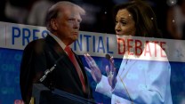 Donald Trump and Kamala Harris speak at podiums, overlaying each other